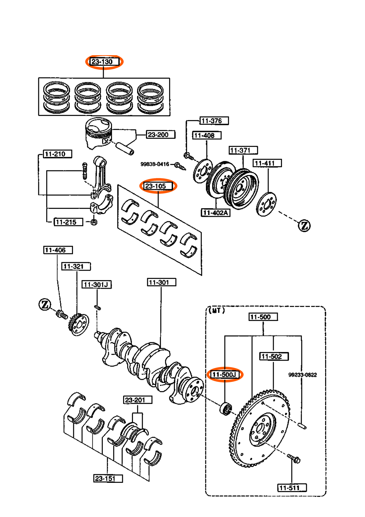 1990 Mazda 121 1100: PISTON, CRANKSHAFT & FLYWHEEL stocked references