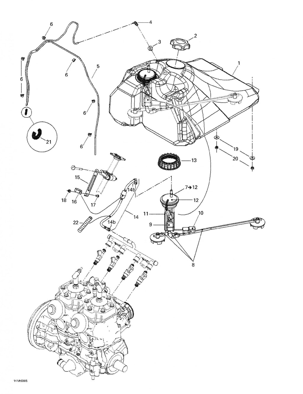 Fits 2003-2005 Ski-Doo Grand Touring SE 800 SDI / Grand Touring V-1000 Models Fuel Tank, OEM Part # 513033005