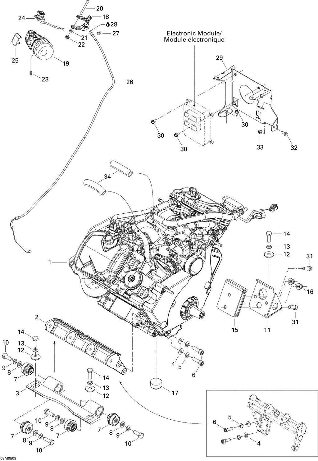 Fits 2003-2005 Ski-Doo Legend V-1000 Front Engine Mount, OEM Part # 512059422