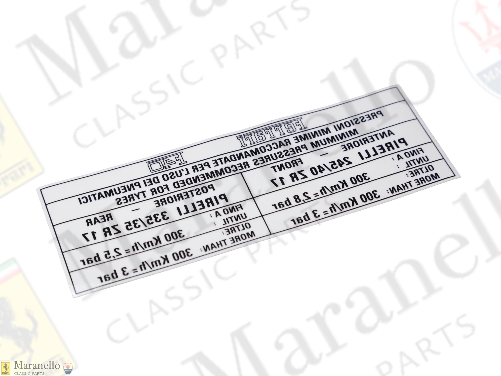 138080 - F40 Pirelli Pzero Tyre Inflation Sticker
