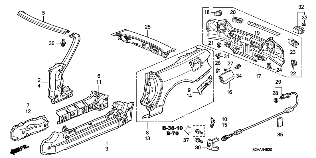 Honda New 2004-2009 Fits Honda S2000 Reinforcement, R. RR. Fender (Lower), Part # 63322-S2A-310ZZ