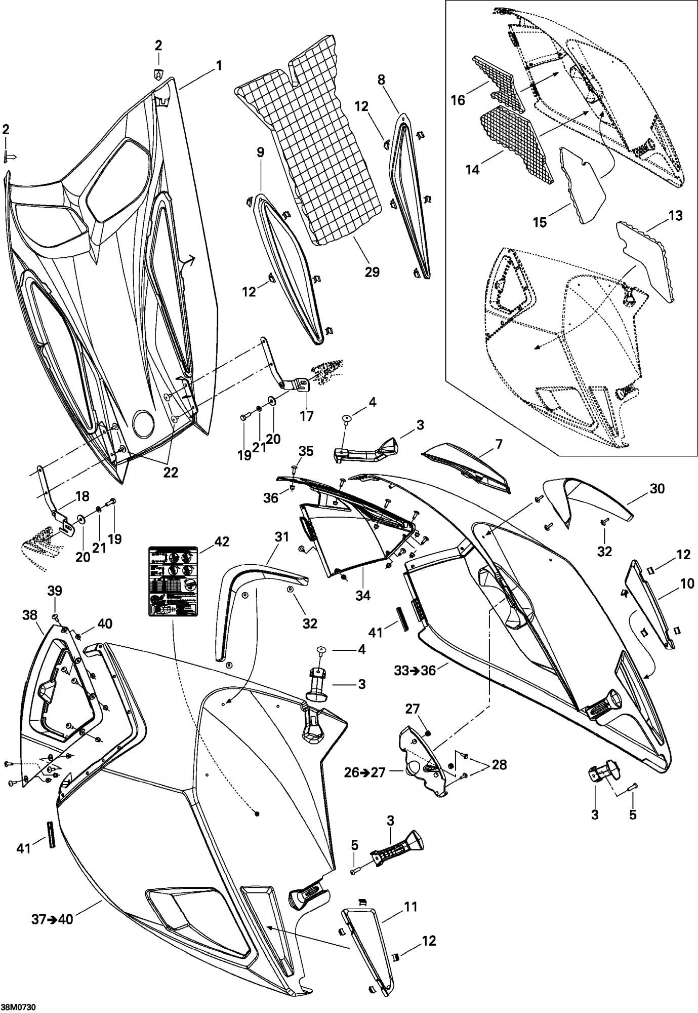 Fits 2005-2007 Ski-Doo Mach Z 1000 SDI / Mach Z 1000 SDI Adrenaline & X Models RH Panel Grill, OEM Part # 517303227