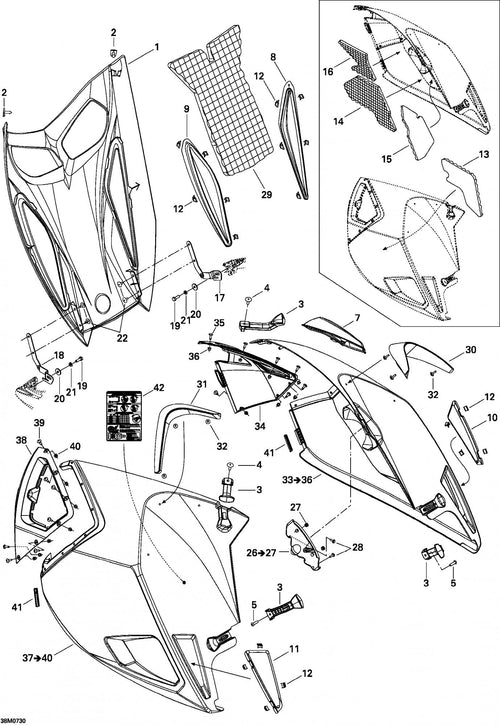 Fits 2007 Ski-Doo MACH Z Adrenaline / MACH Z X RH Hood Grill, OEM Part # 517303710