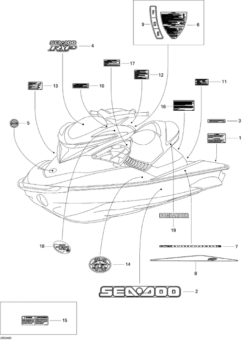 Fits 2004 Sea-Doo RXP Rear Lateral Decal, OEM Part # 219902280