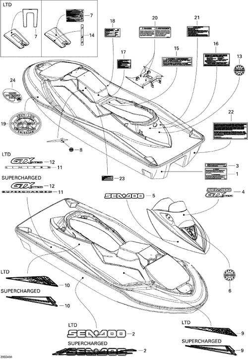 Fits 2004-2005 Sea-Doo GTX 4-TEC, LTD SCIC / GTX 4-TEC, LTD Supercharged / GTX 4-TEC, Supercharged Ltd Decal, OEM Part # 219902259