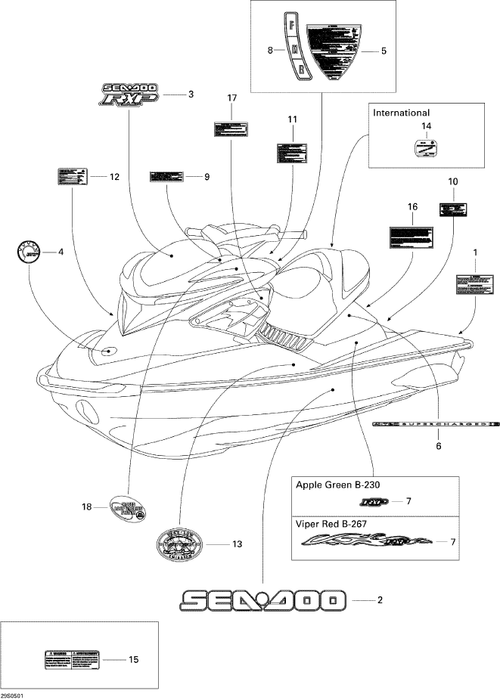 Fits 2005 Sea-Doo RXP Rear Decal, OEM Part # 219700589