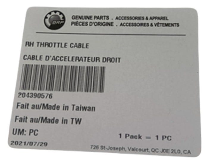 Sea-Doo RH Throttle Cable, OEM Part # 204390576