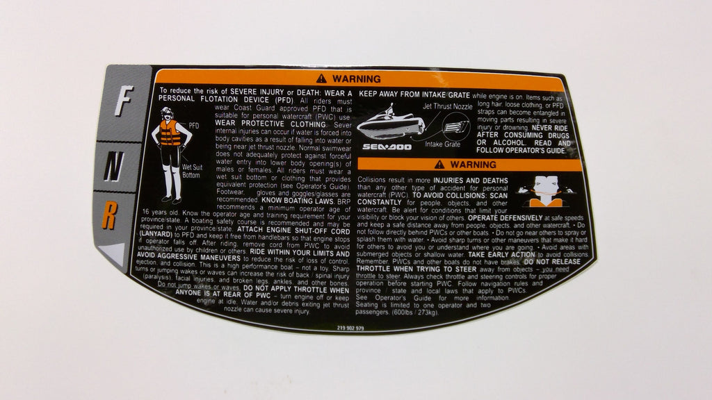 Sea-Doo Warning Decal, Death AND I, OEM Part # 219902979