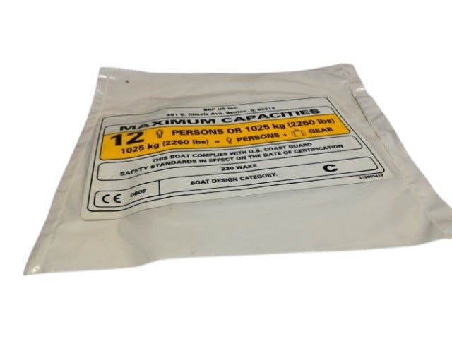 Fits 2011 Sea-Doo 230 Wake 430 / 230 Wake 510 Capacity Label, OEM Part # 219903413