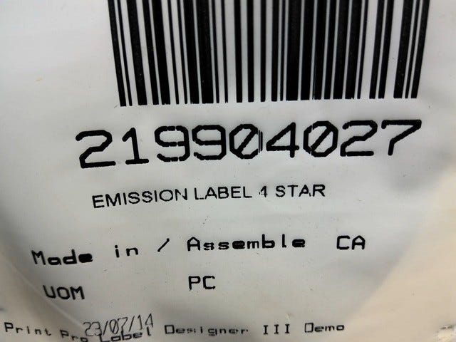 Fits 2012 Sea-Doo 150 Speedster 155 / 180 Challenger & Challenger SE 215 Decal Emission Control, OEM Part # 219904027