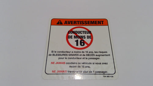 Can-Am Warning Decal, Under 16 YE, OEM Part # 704900436