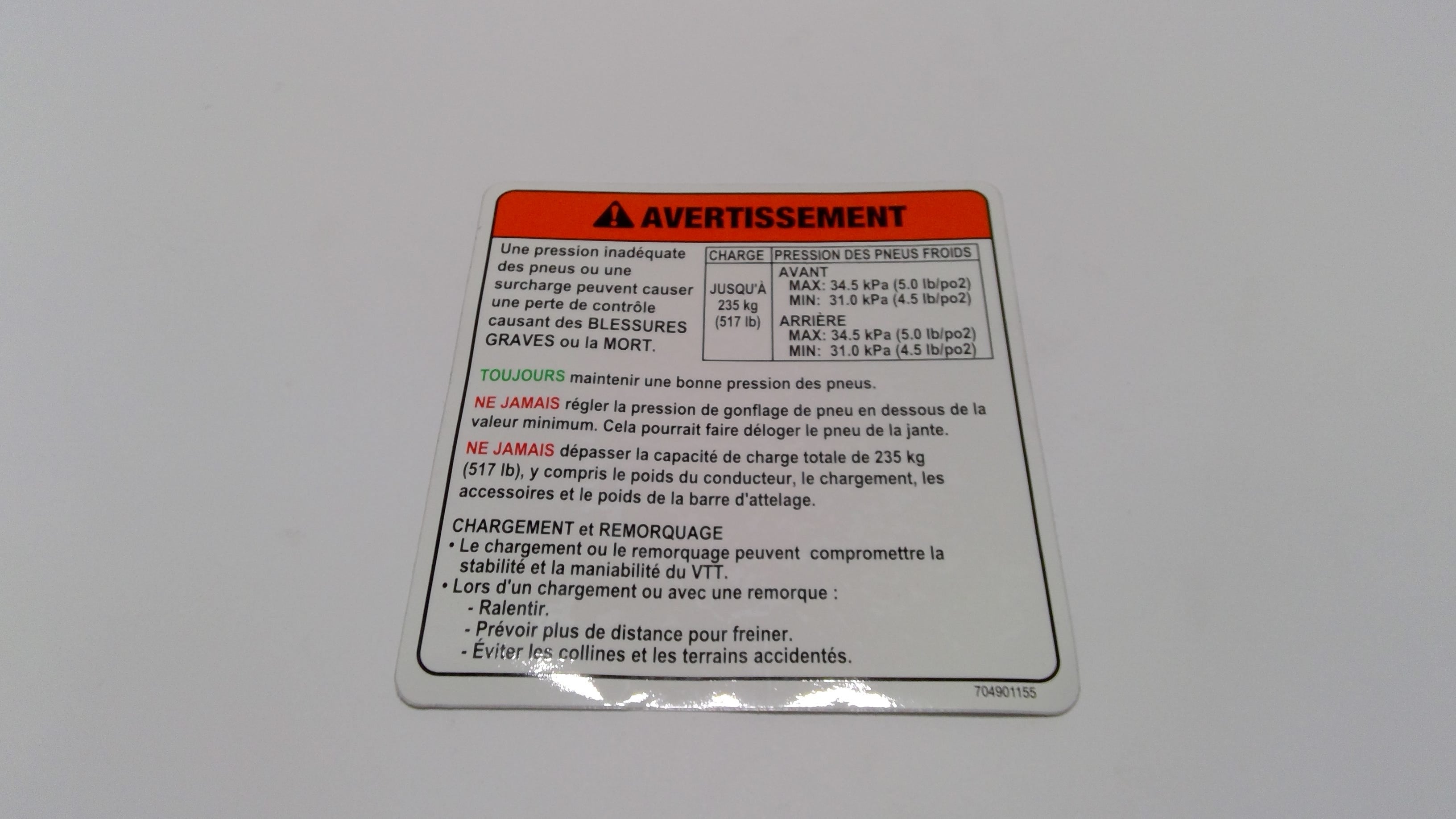 Can-Am Warning Label, TIRE Pressu, OEM Part # 704901155