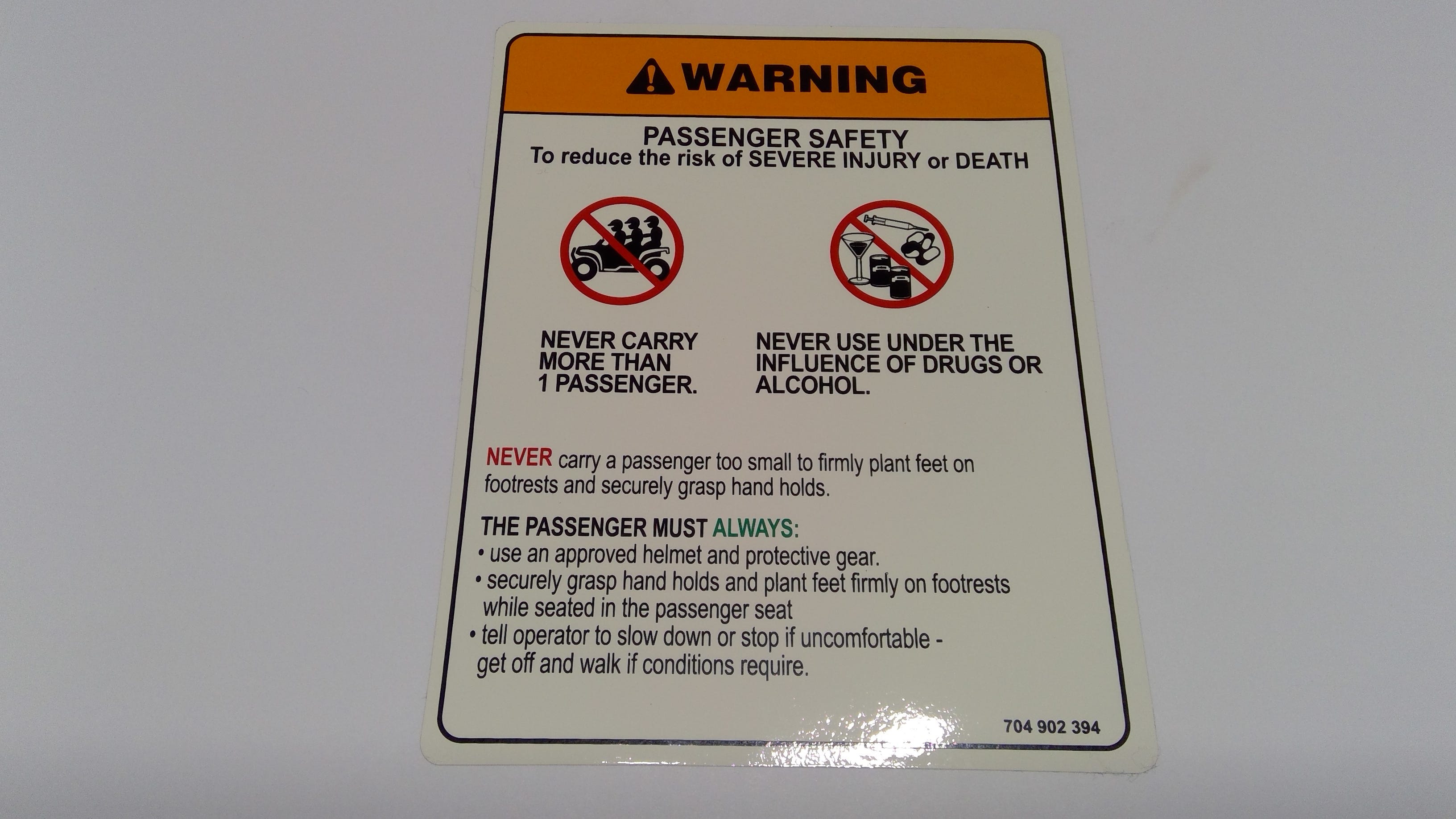 Can-Am Warning Decal, Passenger, OEM Part # 704902394