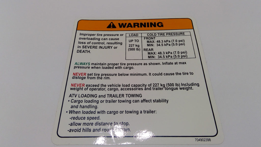 Can-Am Warning Decal, TIRE Pressu, OEM Part # 704902398