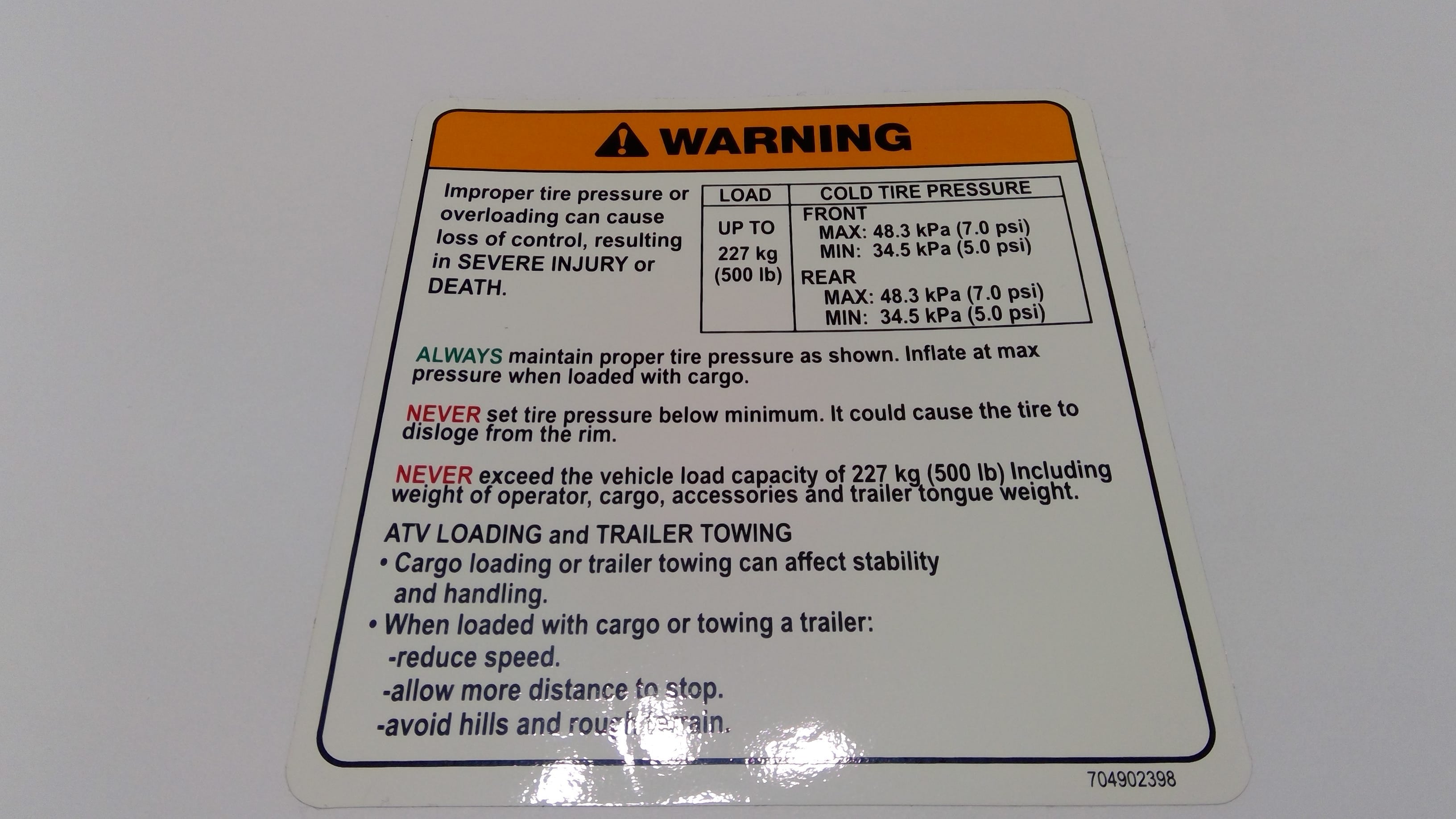 Can-Am Warning Decal, TIRE Pressu, OEM Part # 704902398