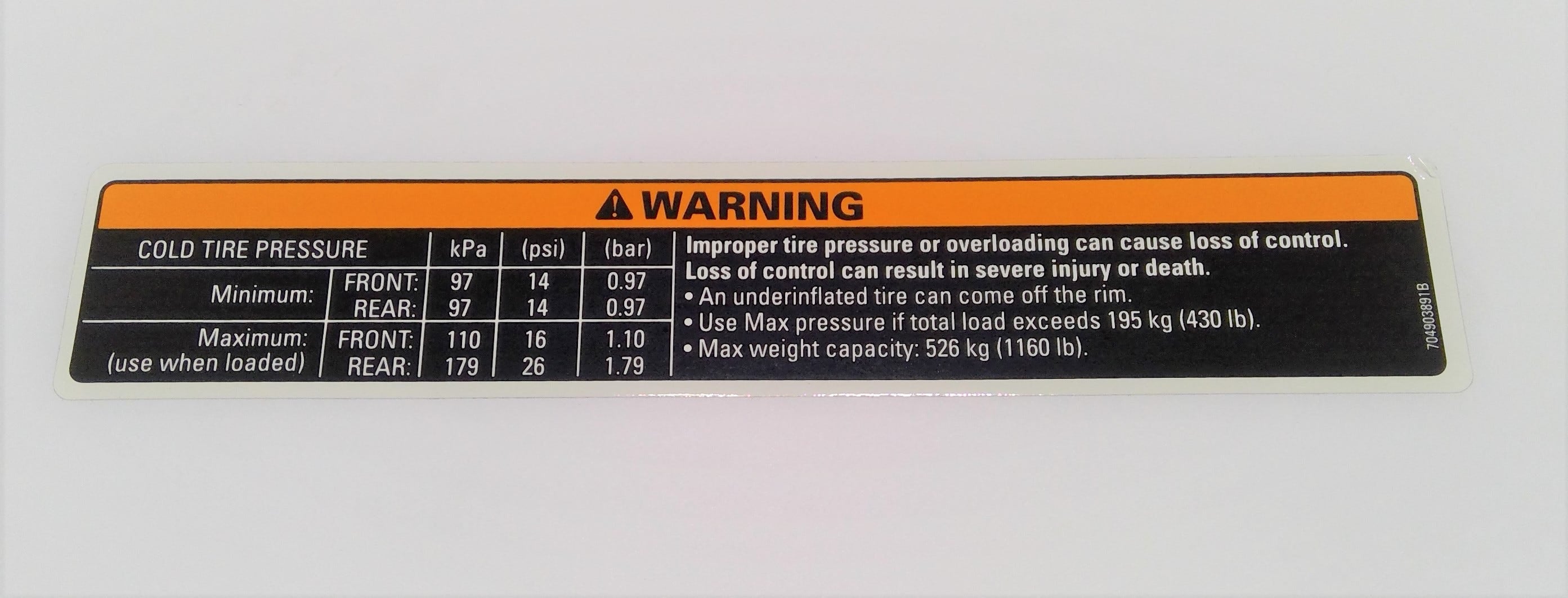 Can-Am Warning Decal, TIRE Pressu, OEM Part # 704903891