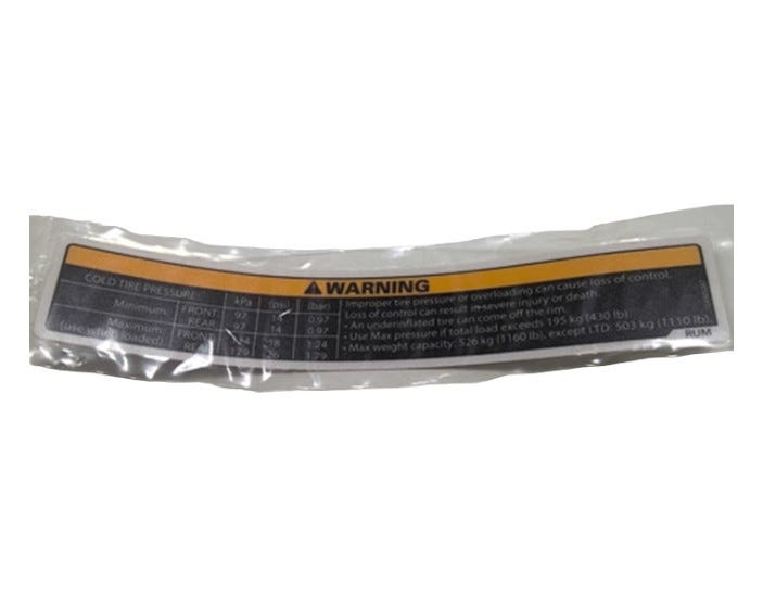 Fits Can-Am Warning Label, TIRE Pressu, OEM Part # 704905287