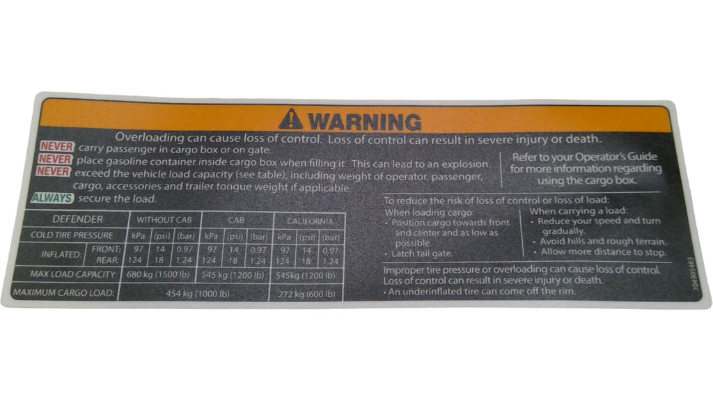 Can-Am Warning Label Cargo LOAD, OEM Part # 704905483