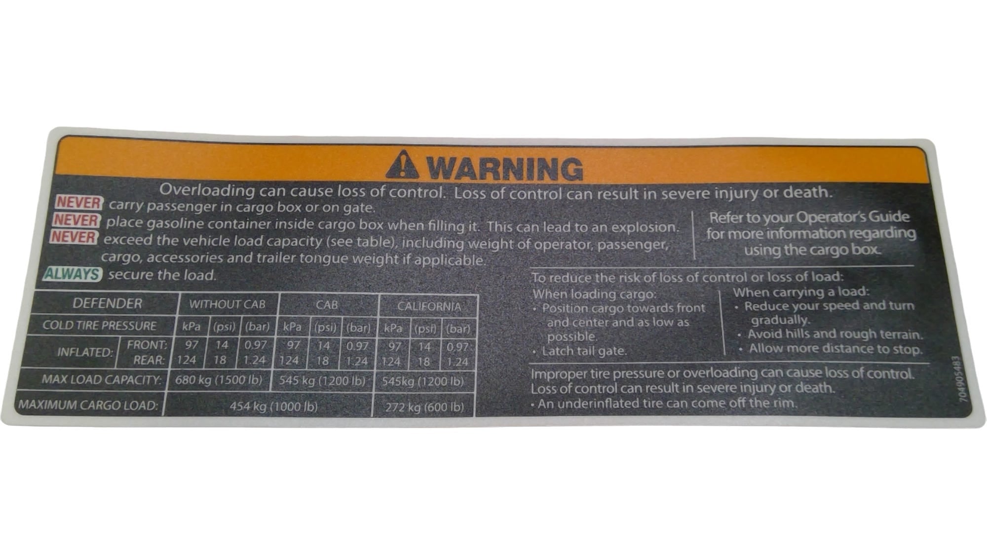 Can-Am Warning Label Cargo LOAD, OEM Part # 704905483