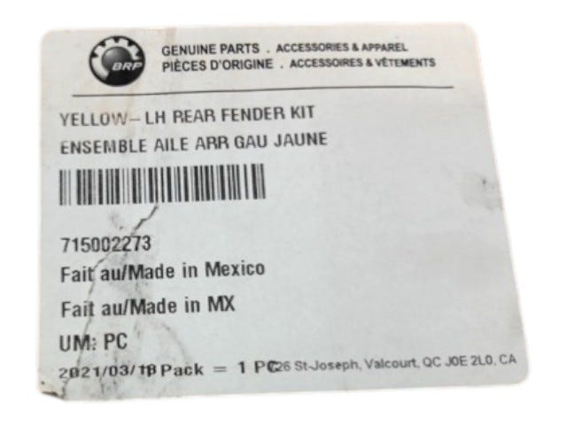 Fits 2014-2016 Can-Am 001 - Outlander - 570 EFI Yellow-lh REAR Fender KIT, OEM Part # 715002273