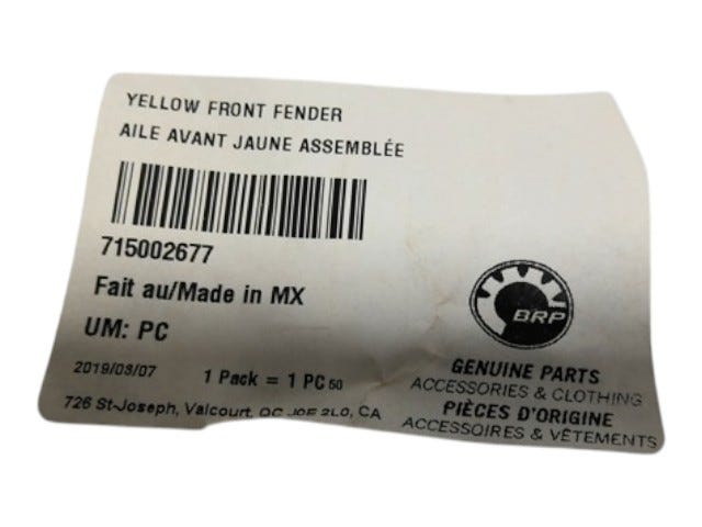 Fits 2015-2017 Can-Am 001 - Outlander L - 450 EFI Yellow Front Fender, OEM Part # 715002677