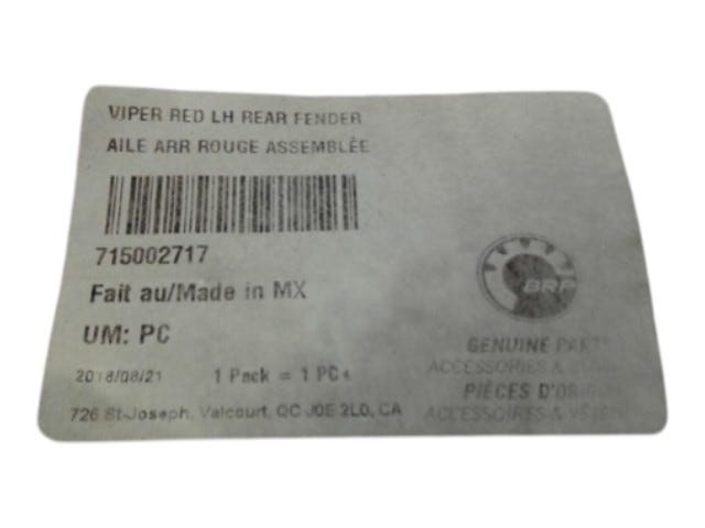 Fits 2015-2016 Can-Am 001 - Outlander L - 450 EFI Viper RED LH REAR Fender, OEM Part # 715002717