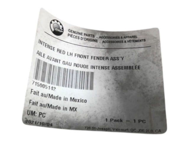 Fits 2018 Can-Am T Regulation - OUTLANDER - 4X4 - XT - 650 EFI - 2PJH LH Front Fender Asm, Inten, OEM Part # 715005142