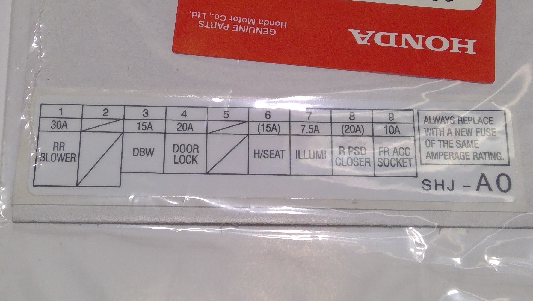Honda New 2005 Fits Honda Odyssey Label, Fuse (Passenger Side), Part # 38215-SHJ-A00