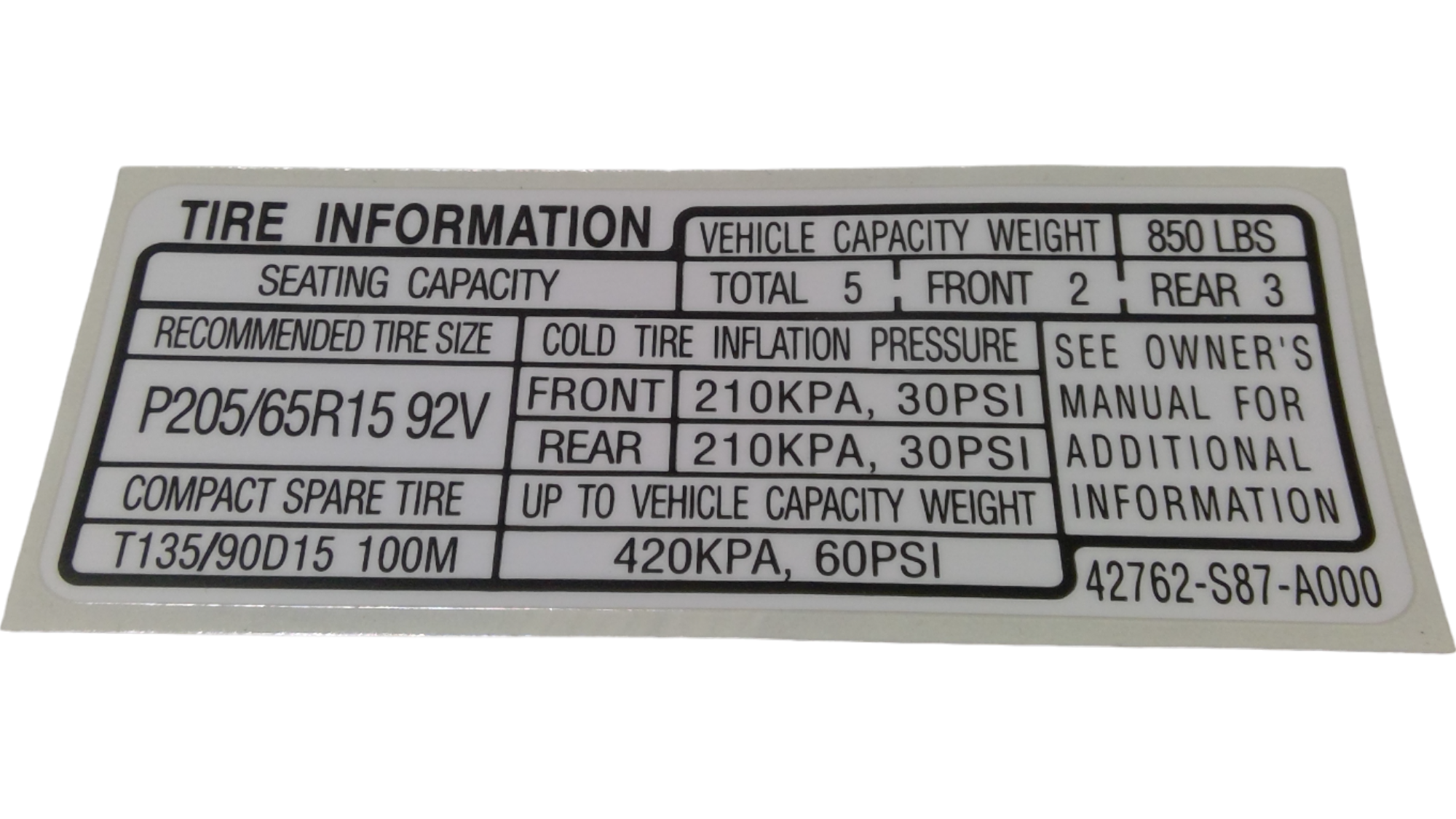 Honda New 1998-2002 Fits Honda Accord Specification Placard (USA), Part # 42762-S87-A00