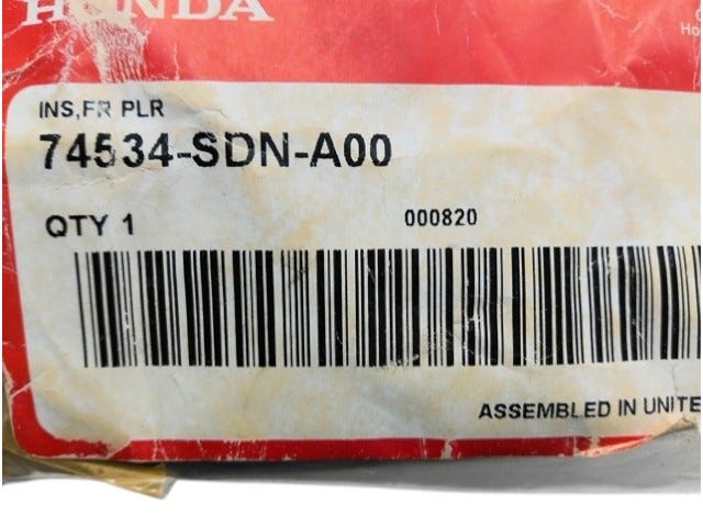 Honda New 2003-2007 Fits Honda Accord Insulator, FR. Pillar, Part # 74534-SDN-A00