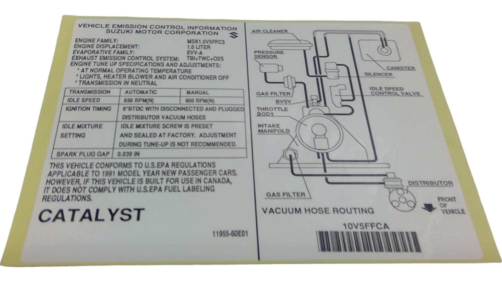 GM New 1991 Fits Chevrolet Metro / Sprint Emission Control Label, Part # 30006582