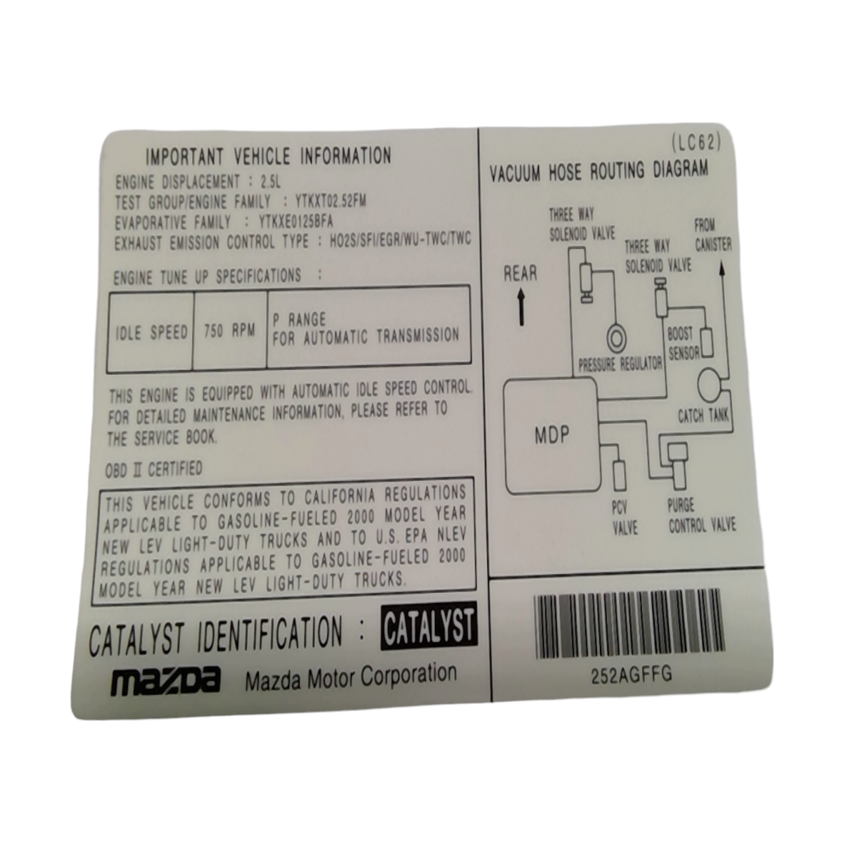 Fits Mazda 00-01 MPV Labels-Emission Label LC6269036
