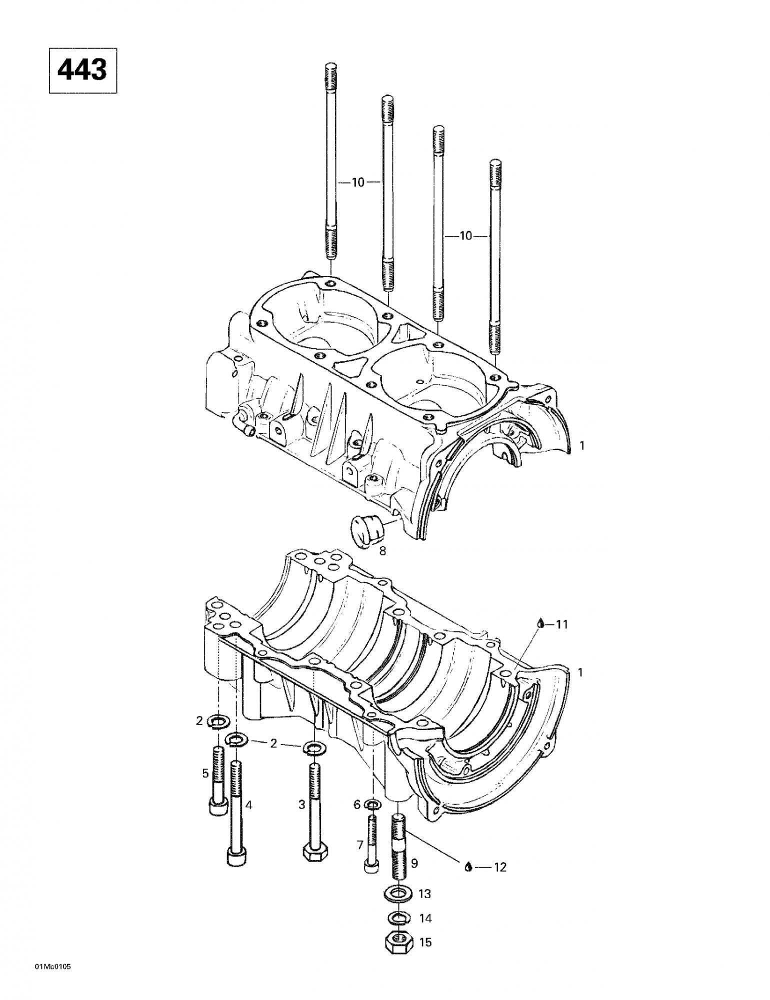 Fits 1996-2007 Ski-Doo Formula Deluxe 380 F / Formula Deluxe 380/500 Models Crankcase Ass'y Includes 1 To 7, OEM Part # 420888483