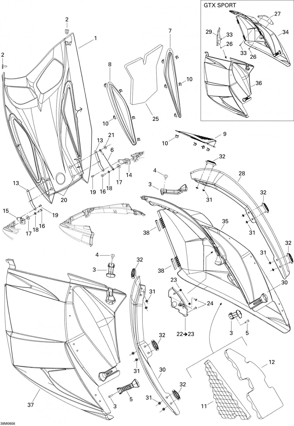 Fits 2005-2006 Ski-Doo GTX 600 HO SDI / GTX 800 HO Hood, Seashore, B-207 Ltd, OEM Part # 517303285