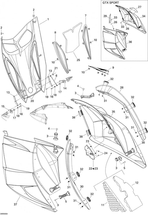 Fits 2005-2006 Ski-Doo GTX 600 HO SDI / GTX 800 HO Hood, Seashore, B-207 Ltd, OEM Part # 517303285