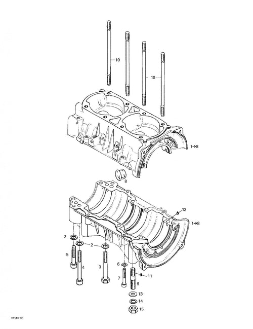 Fits 1996-2007 Ski-Doo Formula Deluxe 380 F / Formula Deluxe 380/500 Models Crankcase Ass'y Includes 1 To 7, OEM Part # 420888483