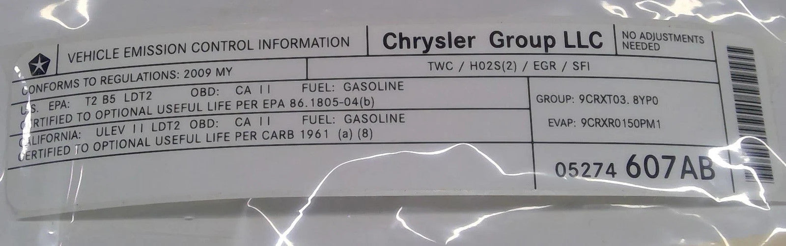 For Mopar Emission Label Part # 5274607AB