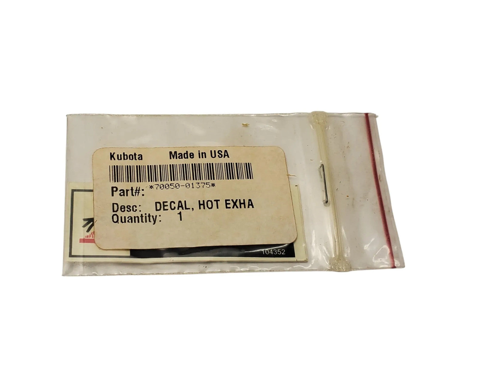 New Old Stock Decal Hot Exhaust Part # 70050-01375 For Kubota Tractors