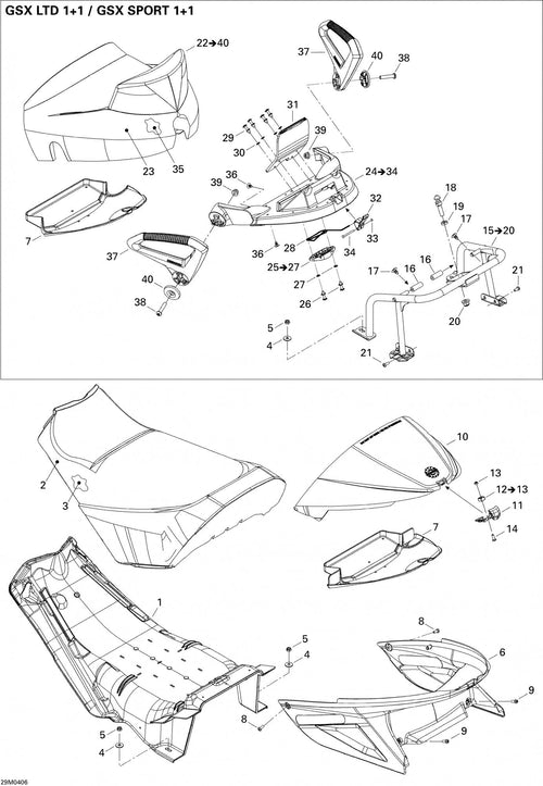 Fits 2004 Ski-Doo GSX 500SS / GSX 600 HO Models Lower Support Includes Items 15 To 20 / GSX Sport 1+1, OEM Part # 510004220