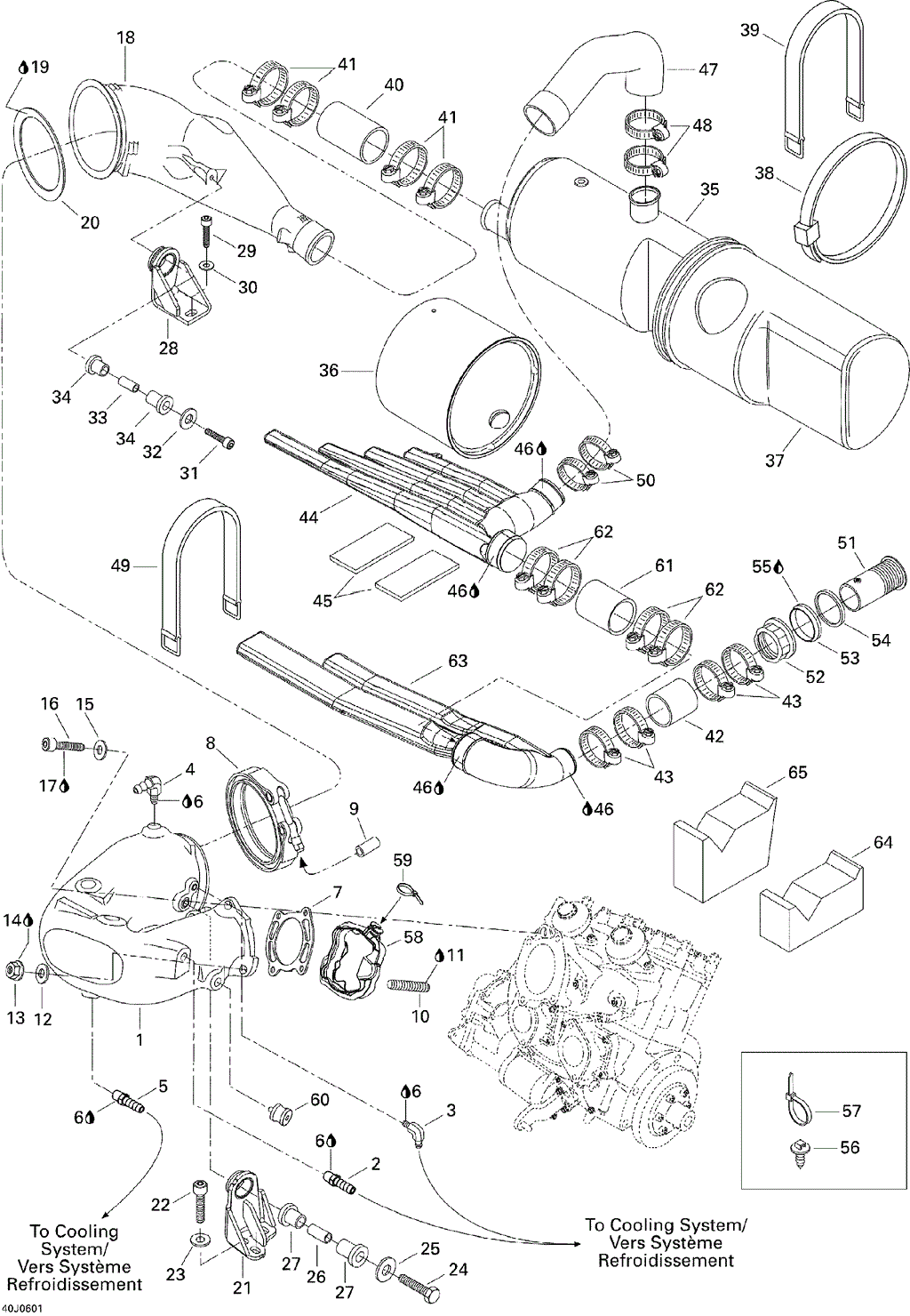 Sea-Doo - OEM schematic diagram - Part # 2572-420931990 - 01- Cylinder And Exhaust Manifold | 01- Exhaust System | 01- Cylinder, Exhaust Manifold | 01- Muffler | 01- Engine Support And Muffler - Ref # 22, 7, 26, 24