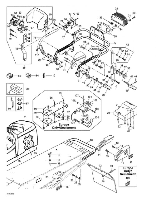 Fits 1997-2006 Ski-Doo Expedition 600 H.O. SDI / Expedition V-1000 Models RH Protector, OEM Part # 572089400