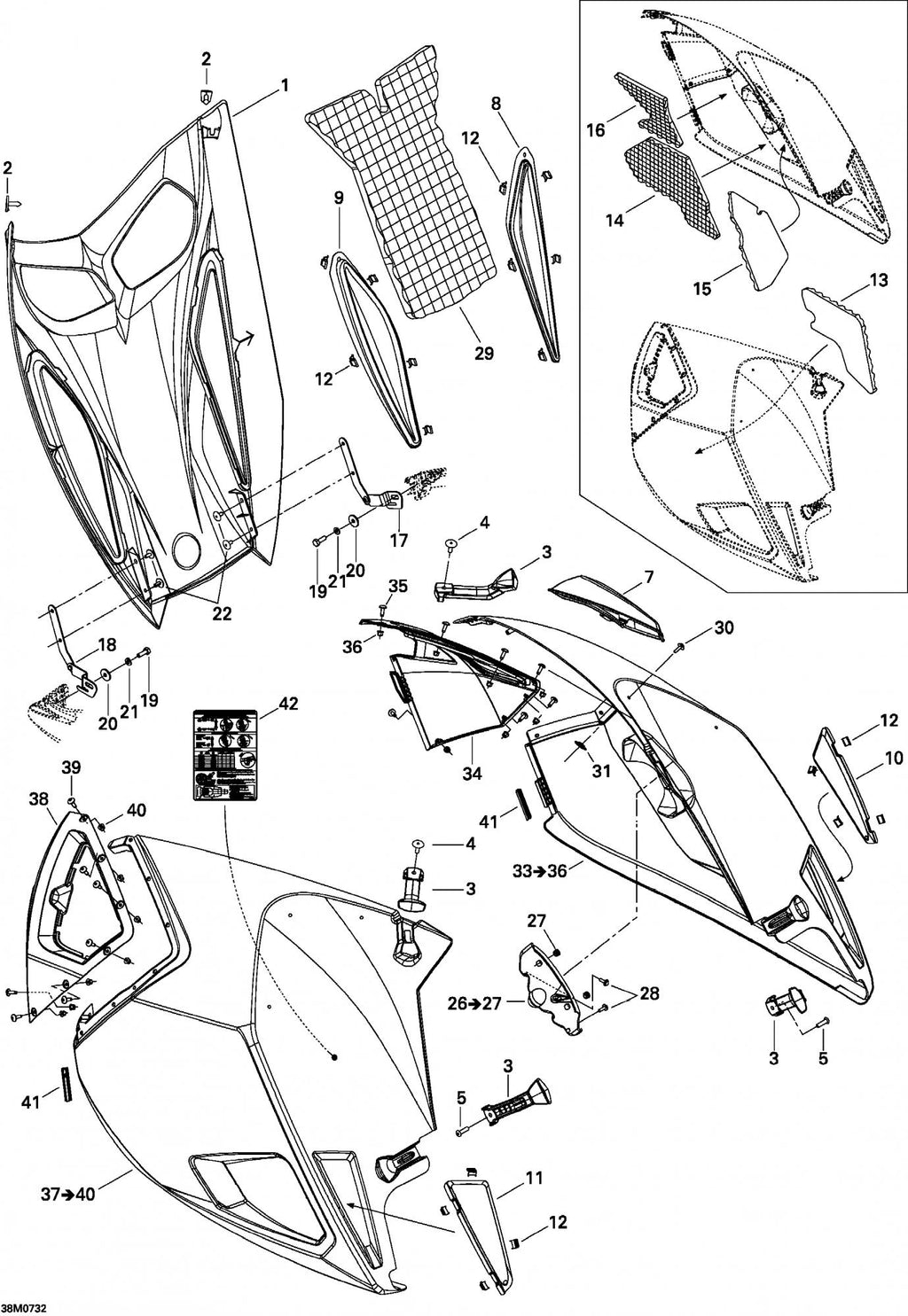 Fits 2007 Ski-Doo Summit Highmark & Highmark X 1000 SDI / Summit X Hood B-259 Highmark X, OEM Part # 517303596