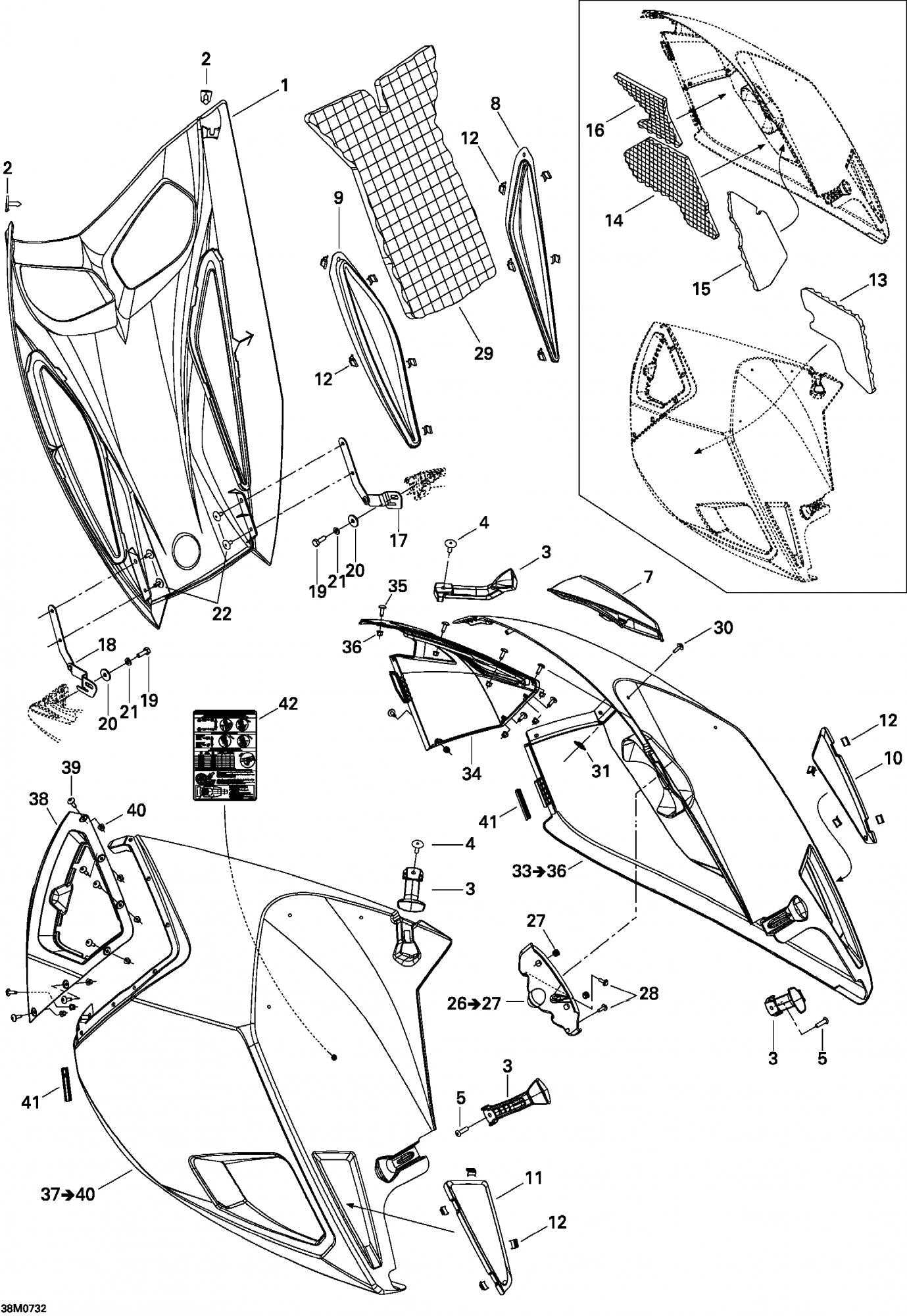 Fits 2007 Ski-Doo Summit Highmark & Highmark X 1000 SDI / Summit X Hood B-259 Highmark X, OEM Part # 517303596