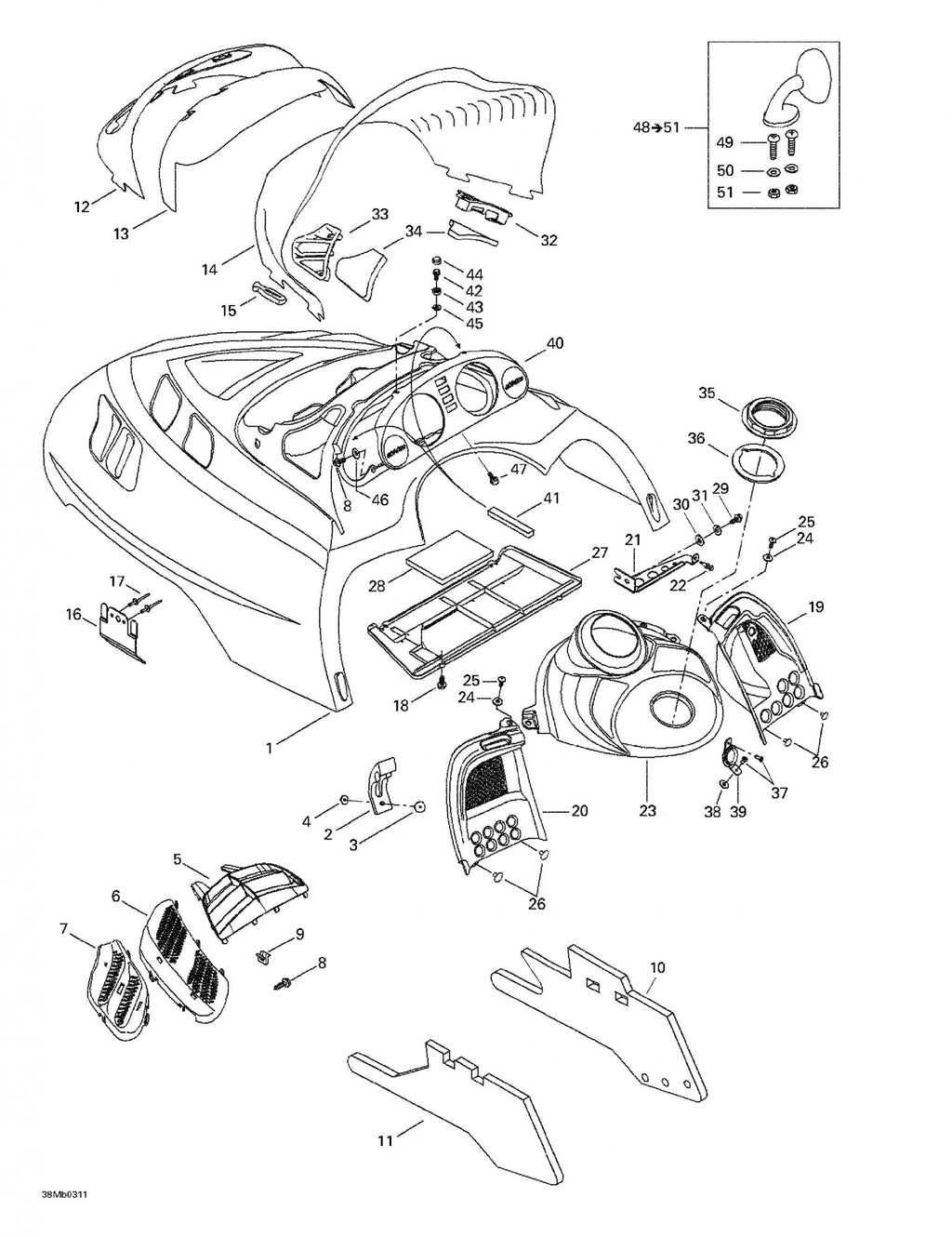 Fits 1999-2005 Ski-Doo Formula Deluxe 500/600/700 / Formula Deluxe 600/700 Models RH Air Intake Grill, OEM Part # 517302024
