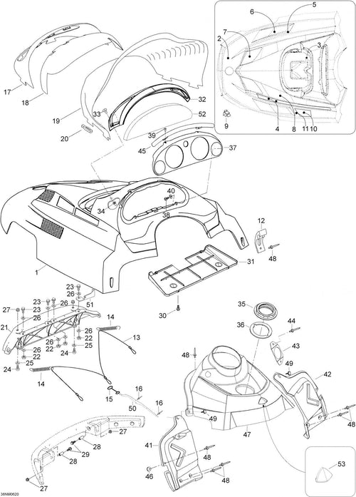 Fits 2005-2007 Ski-Doo Expedition 600 H.O. SDI / Expedition TUV 600 H.O. SDI Hood Ass'y Includes 1 To 11, Black, OEM Part # 605151910