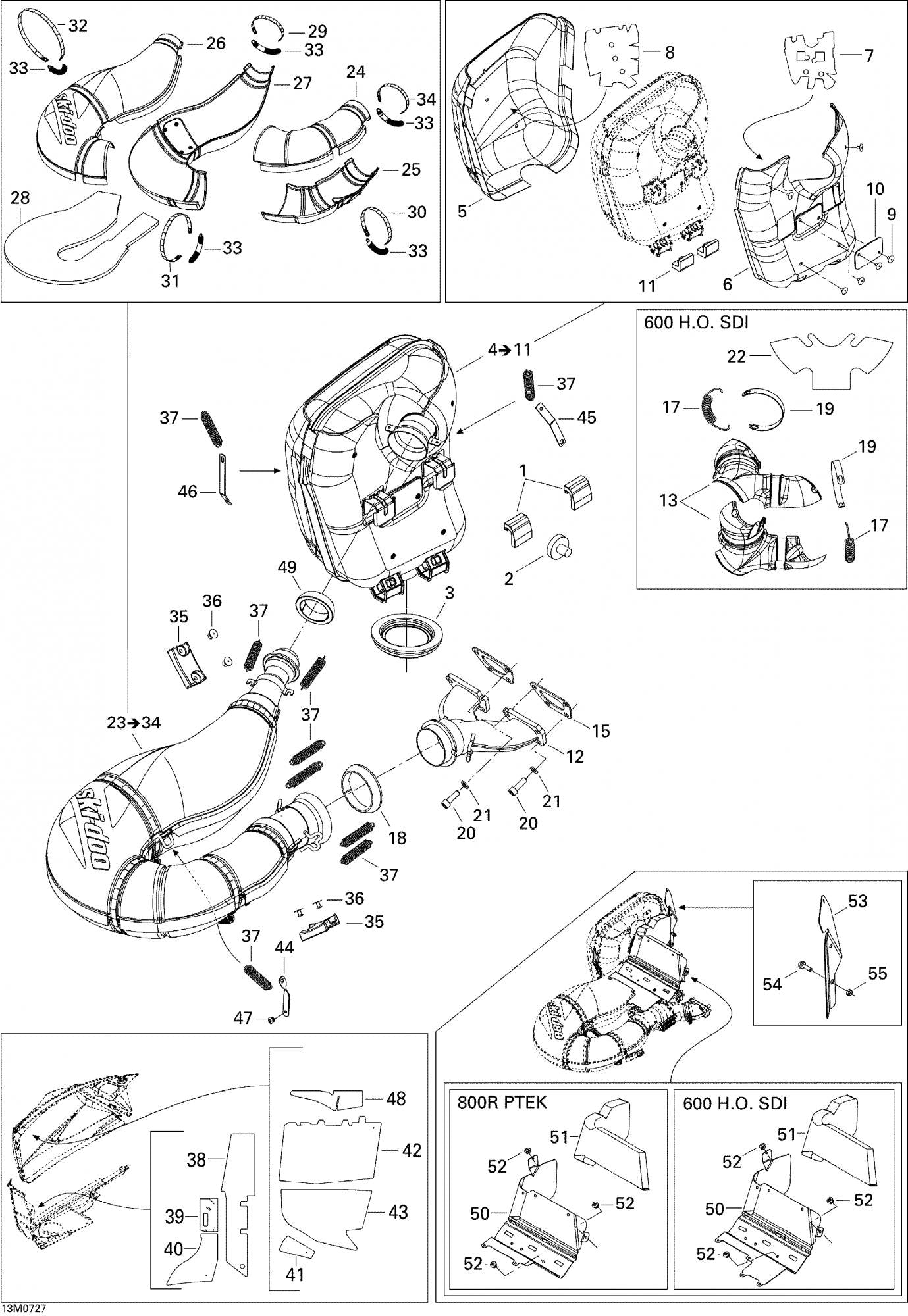 Fits 2007 Ski-Doo Summit Adrenaline 800R / Summit X Models Tuned Pipe Ass'y Includes 23 To 34, 800R, OEM Part # 514054054