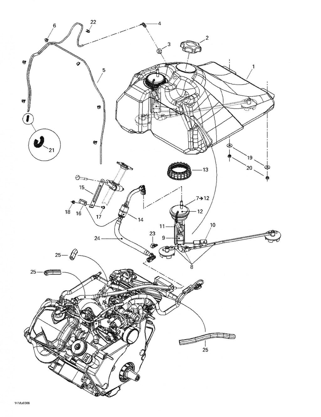 Fits 2003-2005 Ski-Doo Grand Touring SE 800 SDI / Grand Touring V-1000 Models Fuel Tank, OEM Part # 513033005