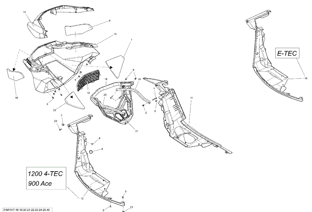 Ski-Doo - OEM schematic diagram - Part # 2572-502007223 - 09- Bottom Pan _31M1524 | 09- Bottom Pan _31M1540 | 09- Bottom Pan LE_31M1522 | 09- Bottom Pan SE_31M1522 | 09- Bottom Pan _31M1523 | 09- Bottom Pan _31M1525 | 09- Bottom Pan SE_31M1521 | 09- Bottom Pan - Ref # 22, 27