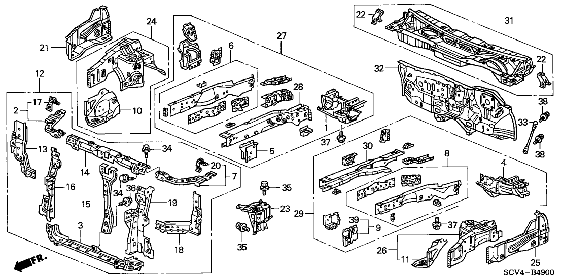 Honda New 2003-2008 Fits Honda Element Frame Set, Passenger Side Bulkhead (Upper), Part # 04601-SCV-A00ZZ
