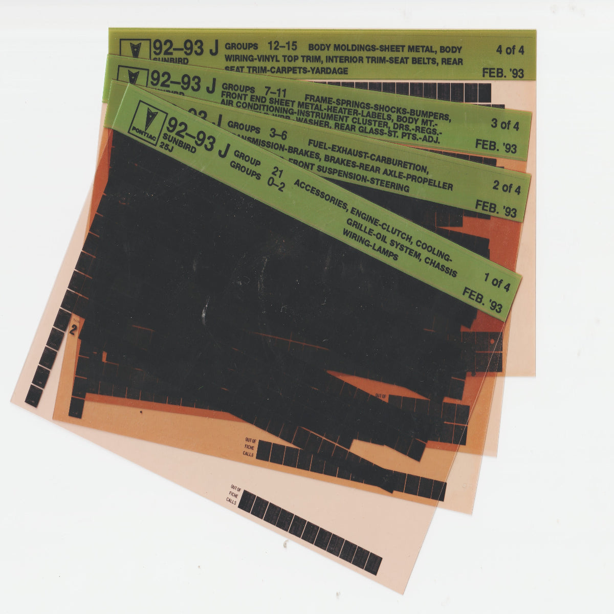 1992-1993 Pontiac Sunbird "J" Model Parts Microfiche Catalog Slides